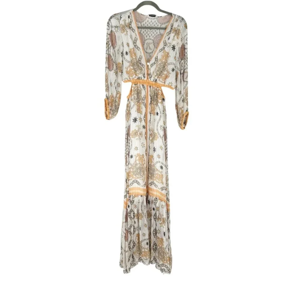 NWT Sandro Valldemossa Metallic Scarf Print Cutout Maxi Dress 36
